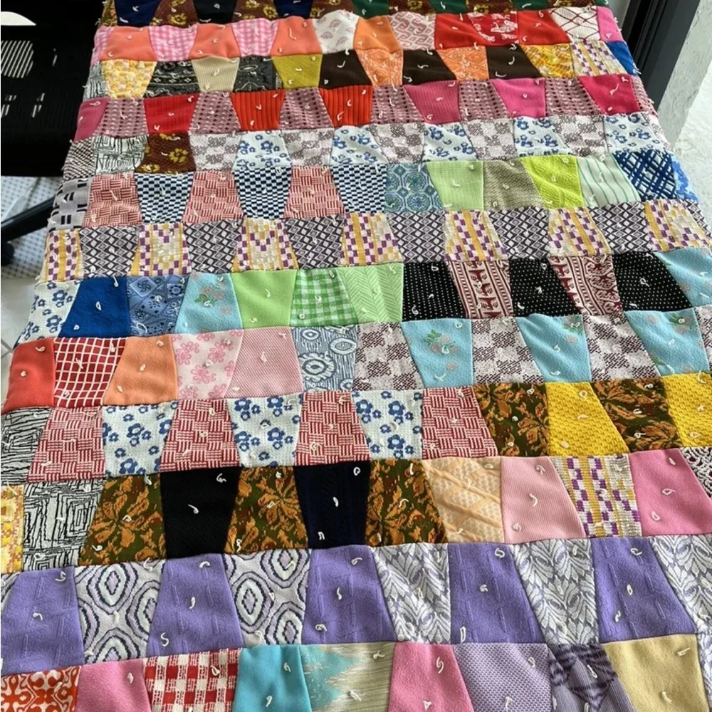 Patchwork Floral Quilt Throw Handmade Cotton Poly Red Black Blue Vintage 70s 80s